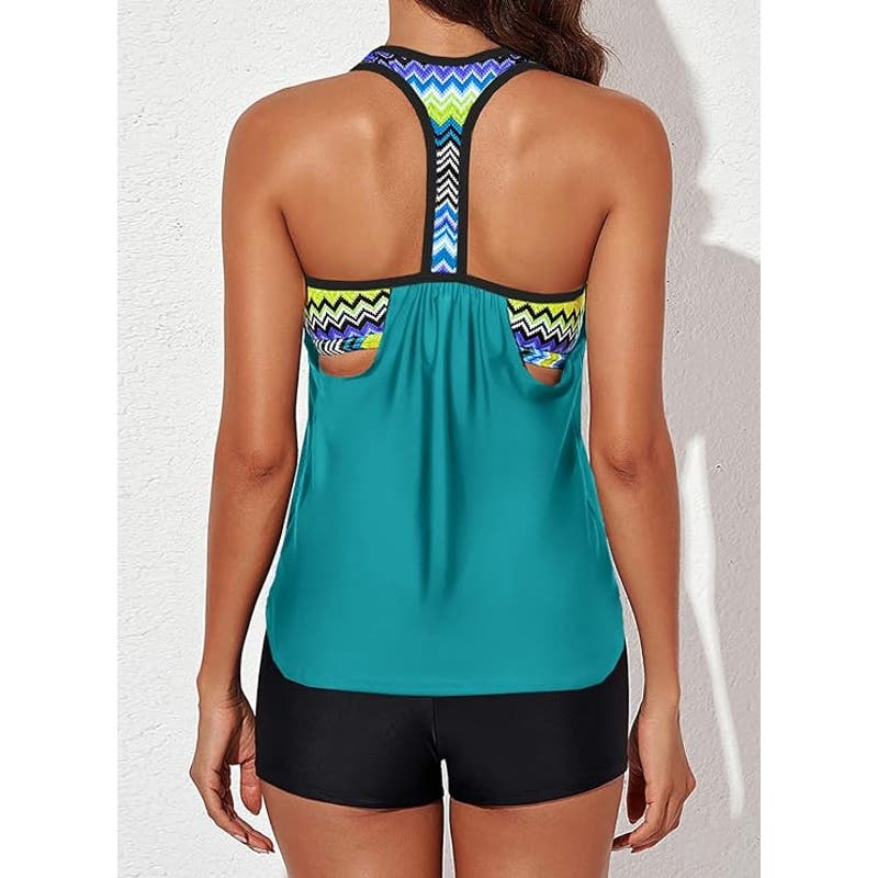 Strappy Blouson Printed T-Back Push Up Tankini Tops Padded Sporty Green L 12-14