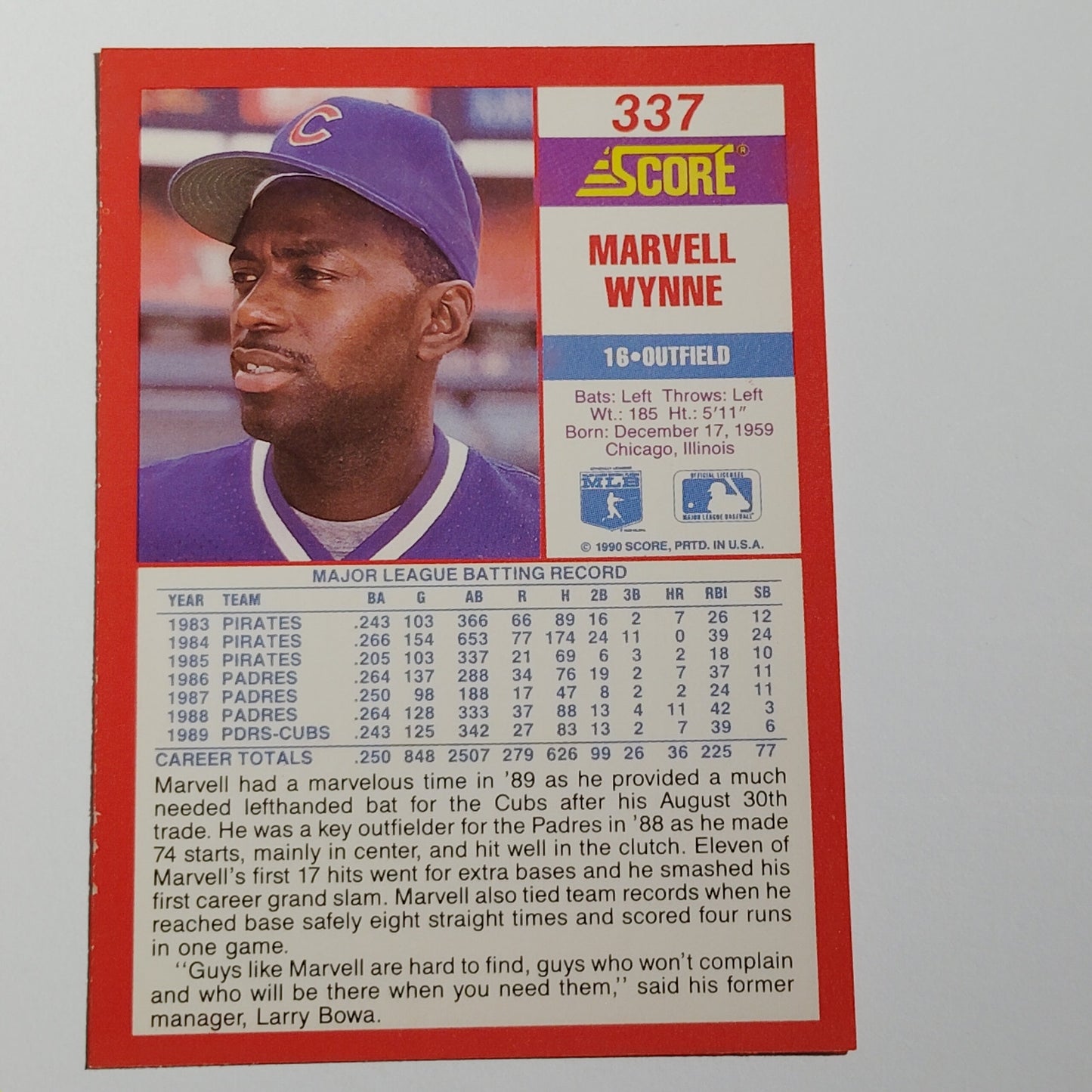1990 Score Marvell Wynne #337 Chicago Cubs Outfielder MLB Baseball EX