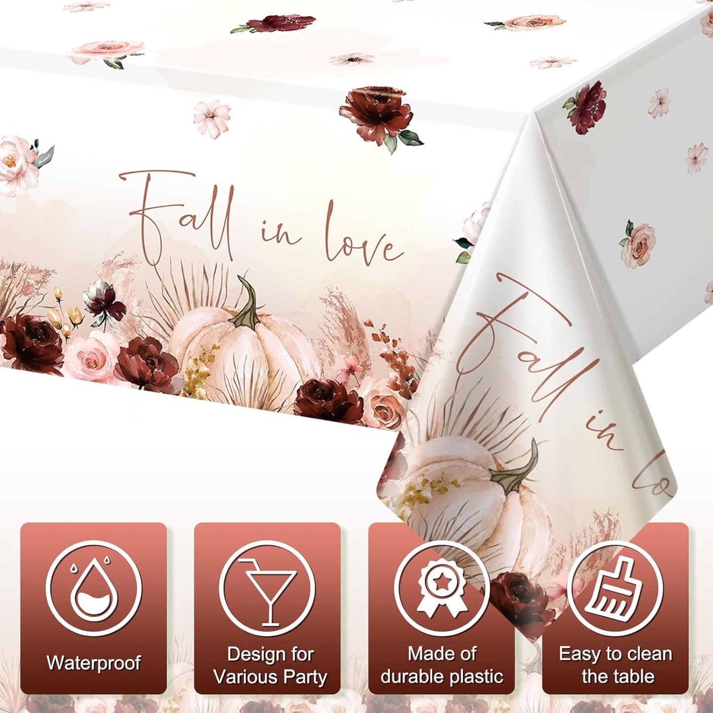 3 Pcs Fall In Love, Pumpkin Floral Tablecloths – 108x54" Disposable Party Decor