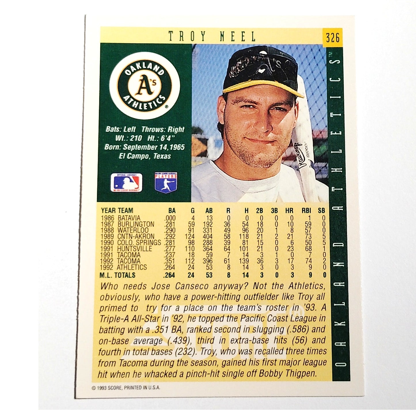 1993 Score Rookie Prospect Troy Neel #326 Oakland Athletics 1B Baseball NM