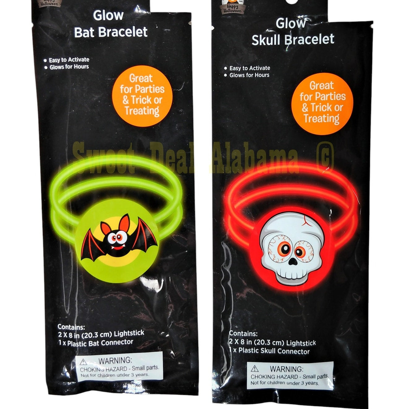 4 Kids Glow Bracelets, 2 Bats and 2 Skulls, 4 x 8" Light Sticks w/ 4 Connectors