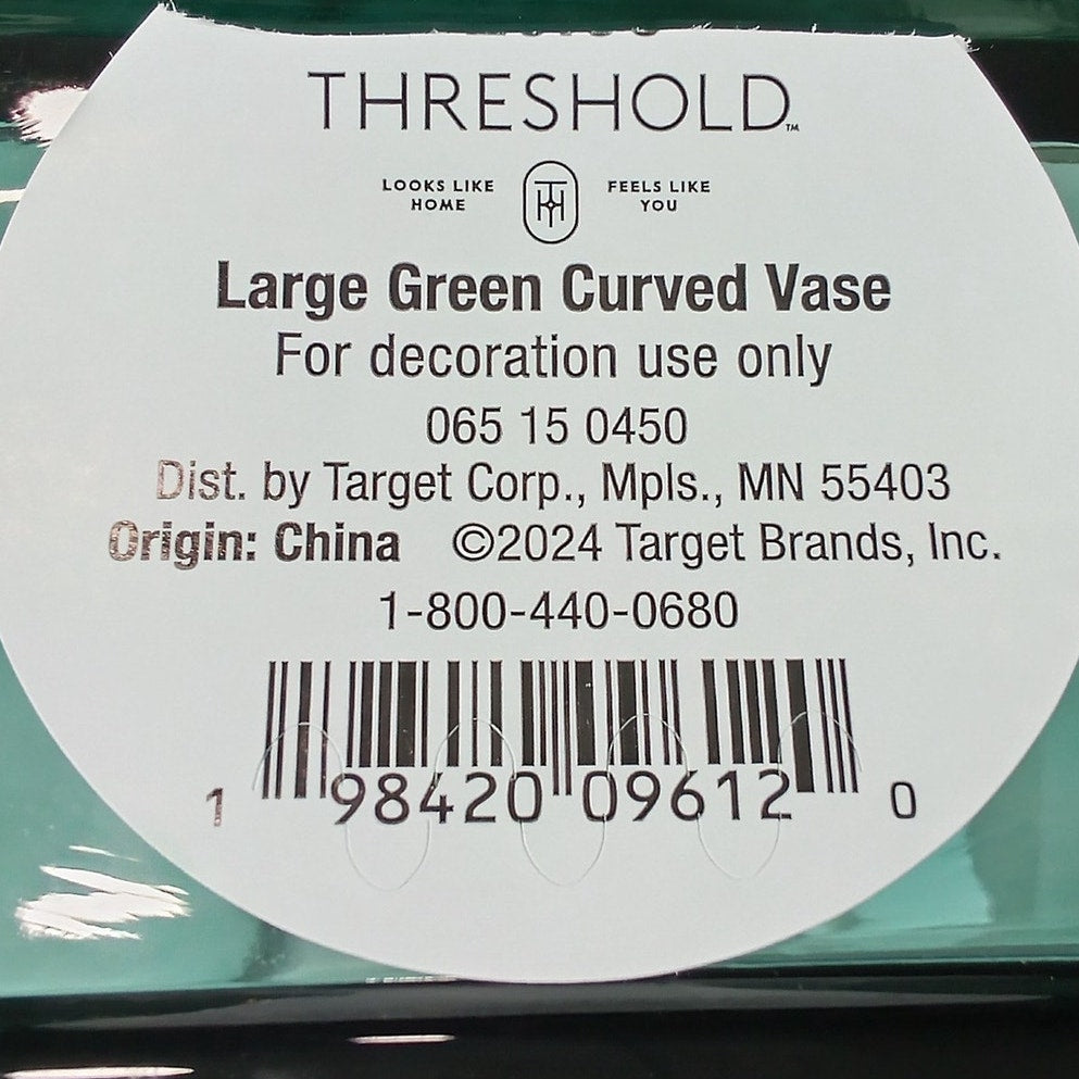Heavy Large Teal Curved Glass Vase – Threshold, 10" × 9" × 3"