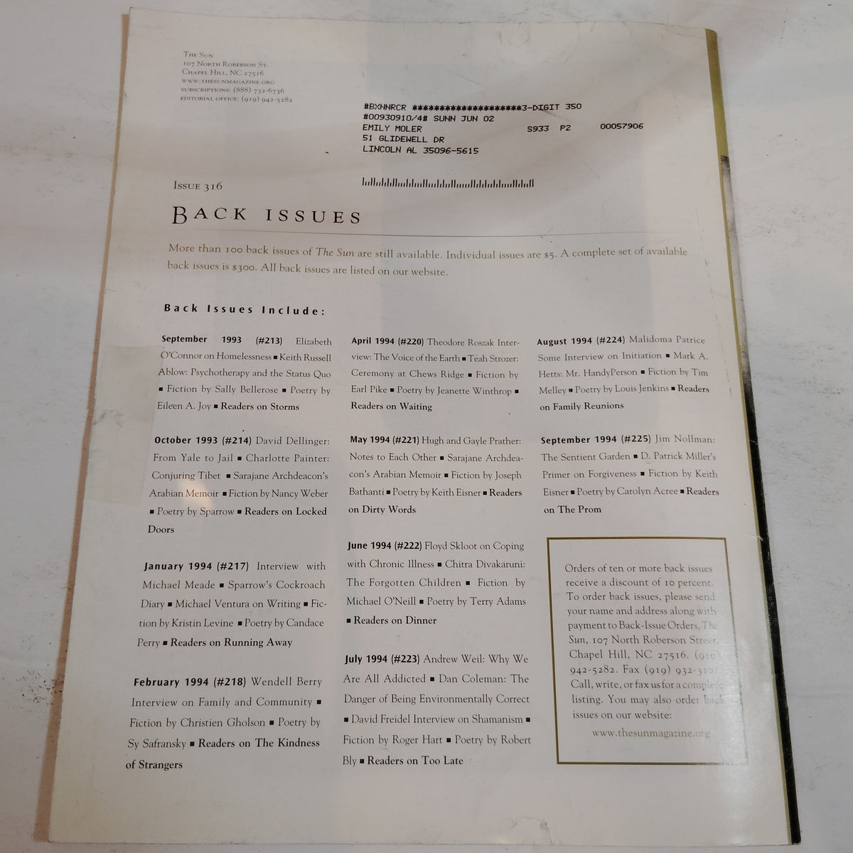 The Sun Magazine April 2002 - Issue 316 - Vintage Arts & Culture Periodical