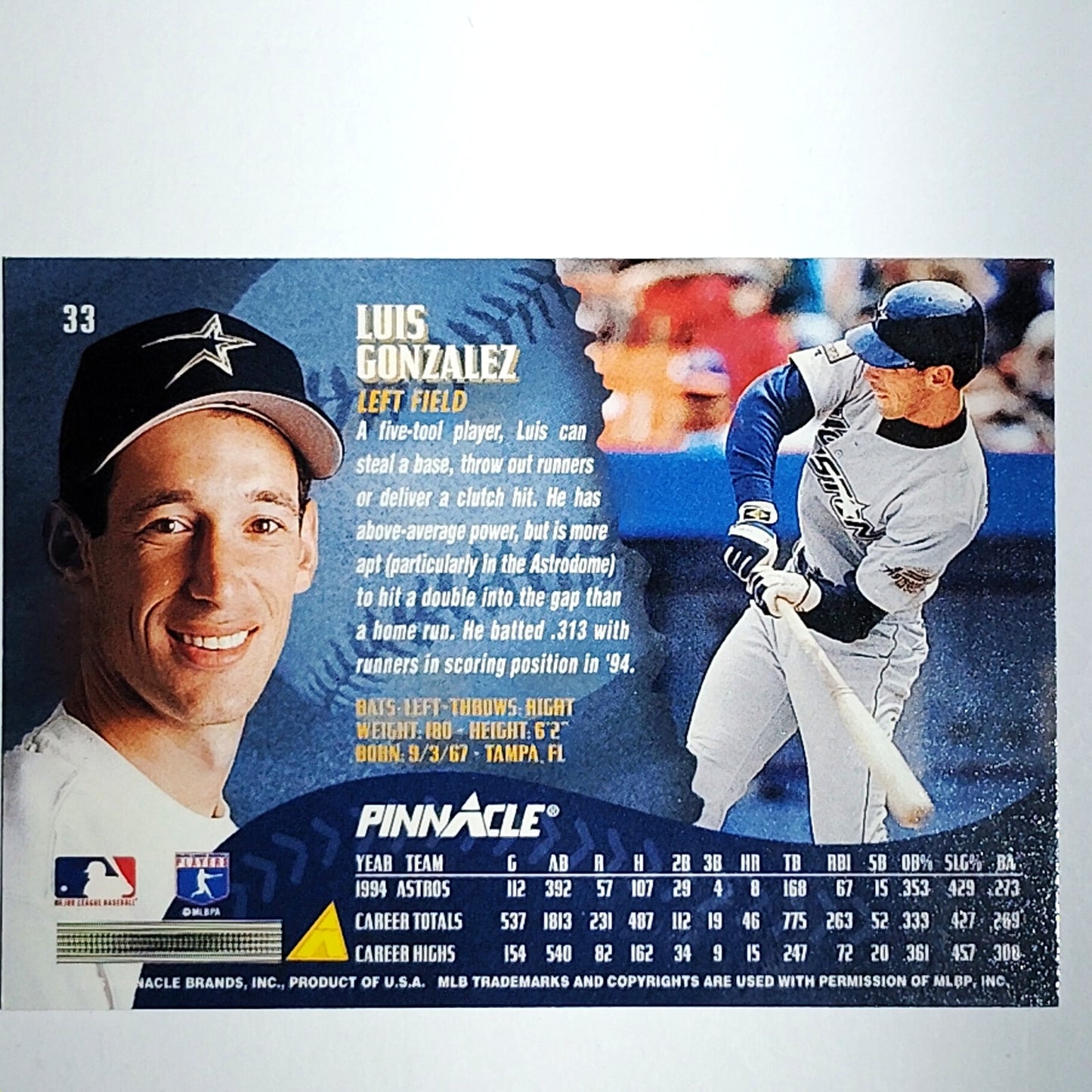 1995 Pinnacle Luis Gonzalez Card #33 Houston Astros OF VG/EX