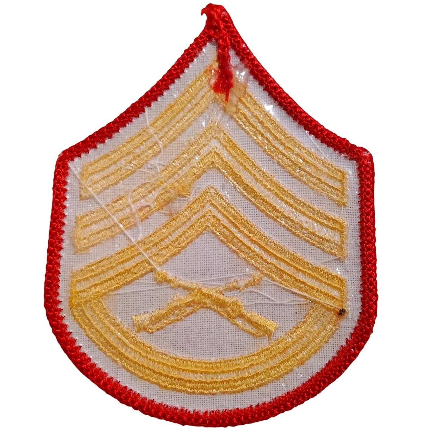 USMC Staff Sergeant E‑6 Chevrons – Gold on Red – Female – 3‑3/4" × 2‑7/8"
