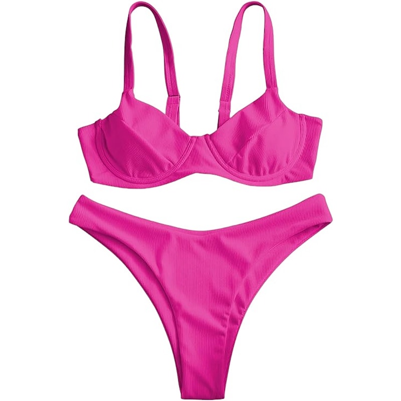 ZAFUL Ribbed Underwire Bikini, High Cut V-Notch Smocked, High Leg, Pink, S (4)