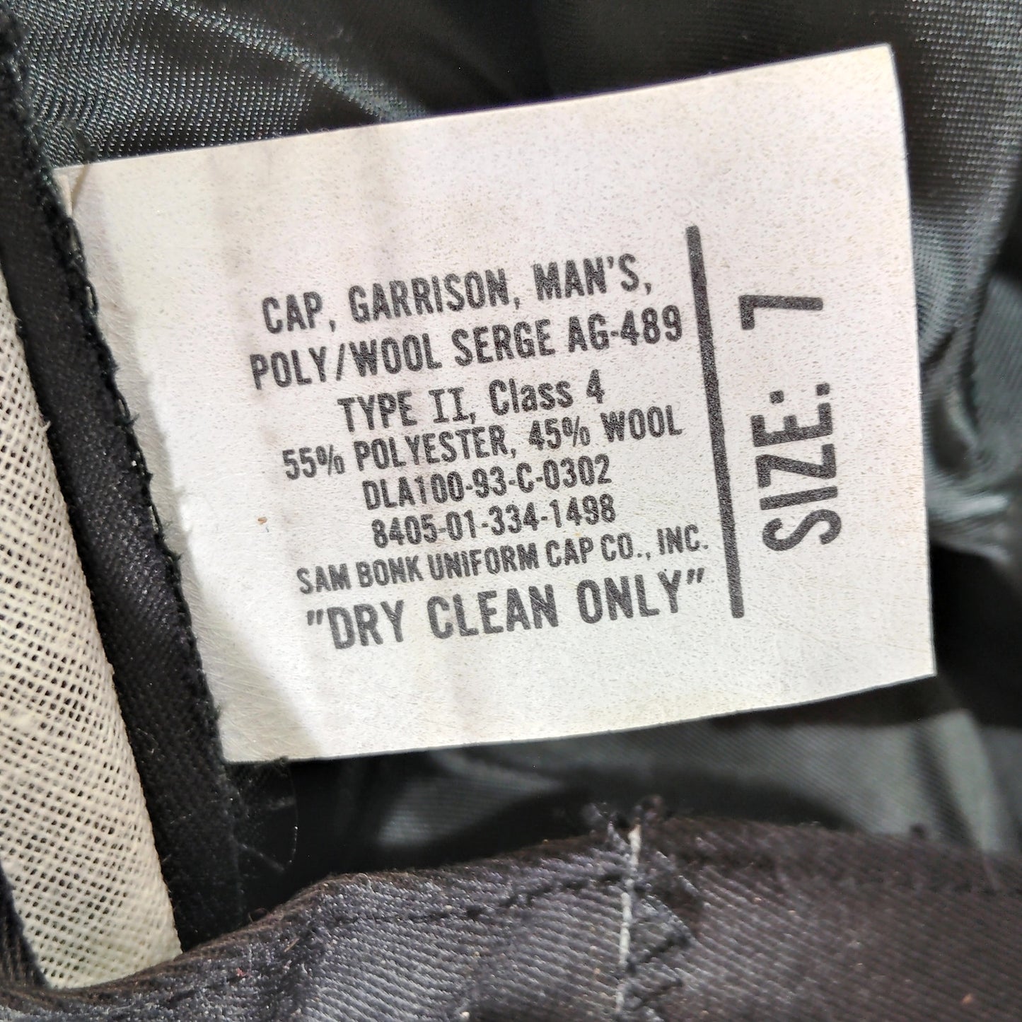 1993 AG-489 Type II Class 4 Garrison Cap, Green, Sz 7, Sam Bonk Uniform Cap Co.