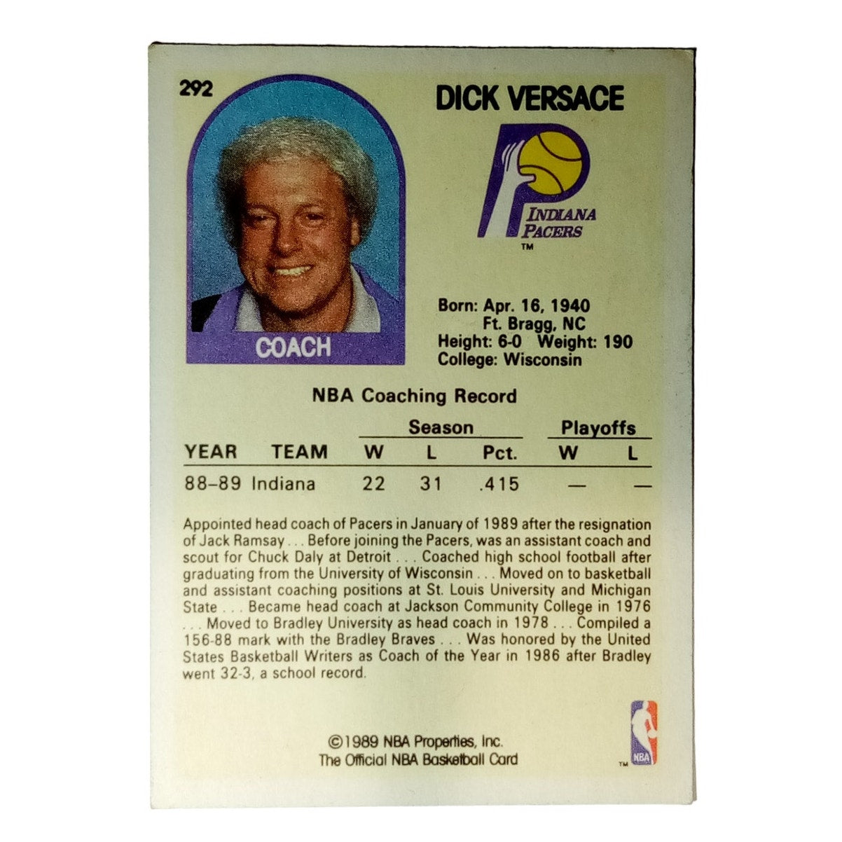 1989-90 NBA Hoops Basketball #292 Dick Versace Indiana Pacers, NM Condition