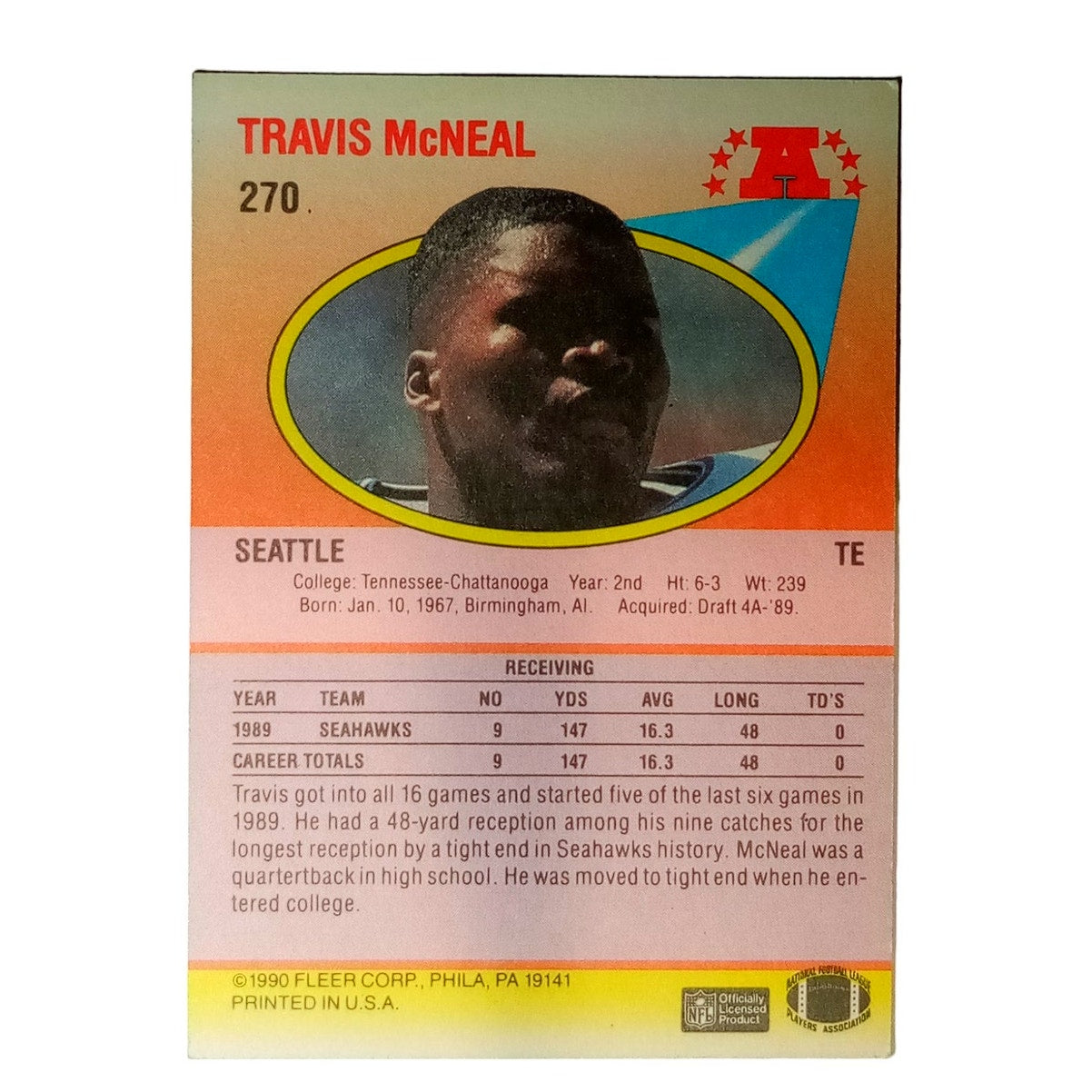 1990 Fleer Football, Travis McNeal #270, Seattle Seahawks, NM