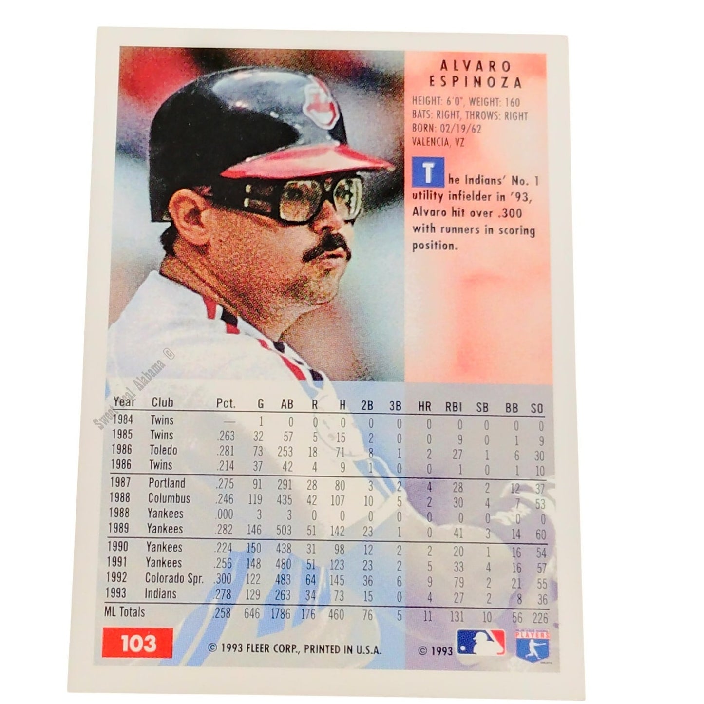 Alvaro Espinoza, Cleveland Indians #103, 1994 Fleer Baseball Collector's Card