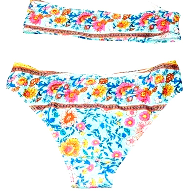 SOLY HUX 3 Piece Floral Print Bandeau Bikini Sets w/ Beach Kimono Cover Up, S