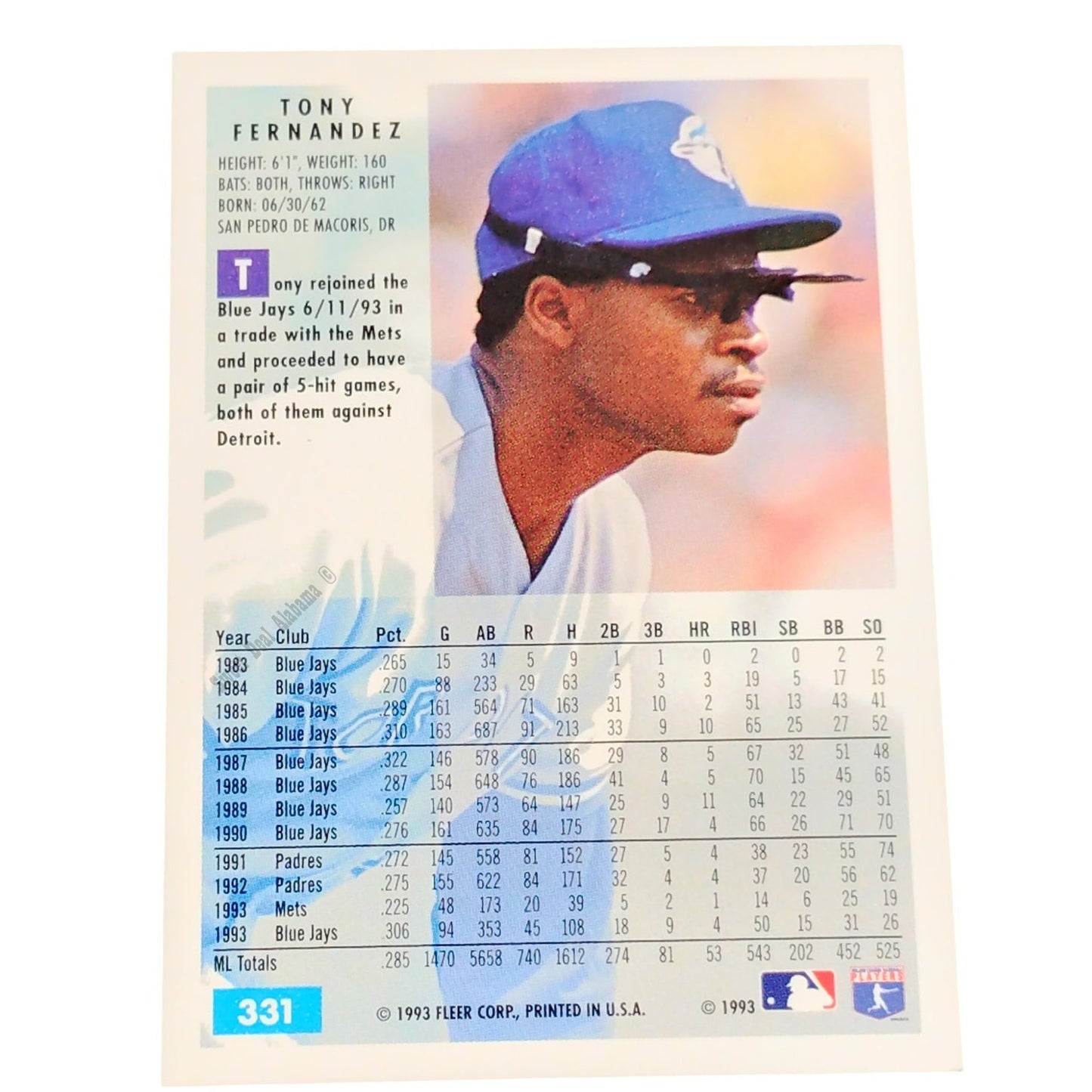 Tony Fernandez, Toronto Blue Jays, #331, 1994 Fleer Baseball Collector's Card