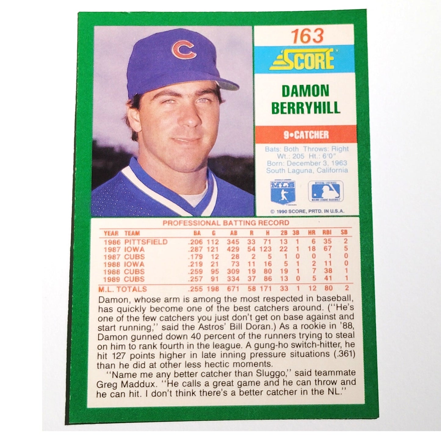 1990 Score Damon Berryhill #163 Chicago Cubs Catcher MLB Baseball EX