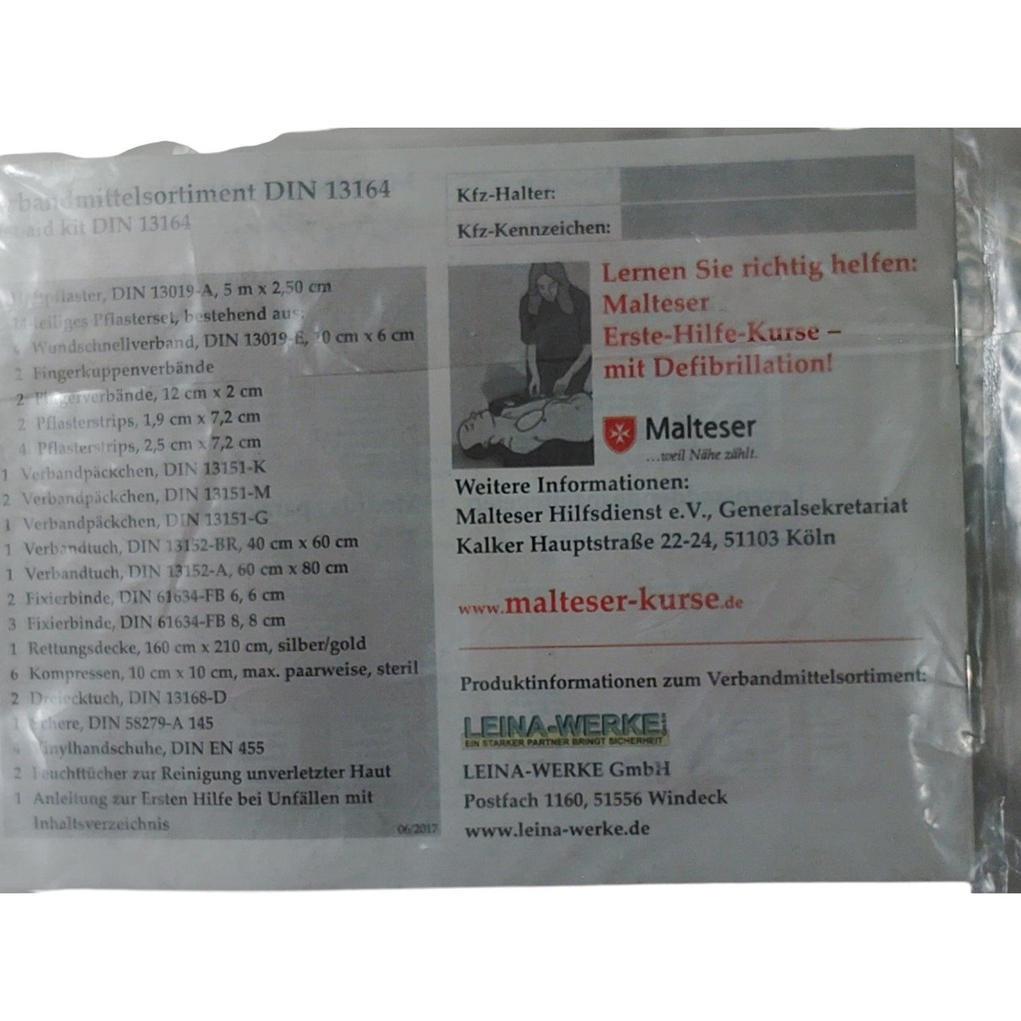 German Vehicle First Aid Kit – Verbandmittelsortiment DIN 13164, Leina-Werke, Malteser Promo Insert