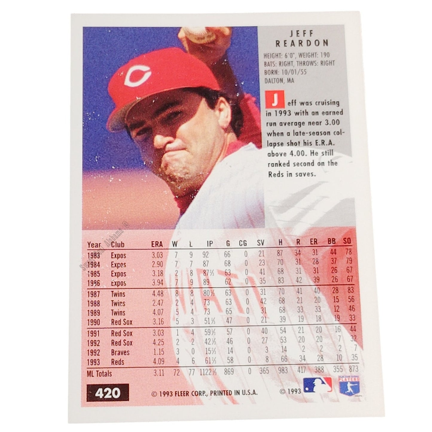 Jeff Reardon, Cincinnati Reds, #420, 1994 Fleer Baseball Collector's Card