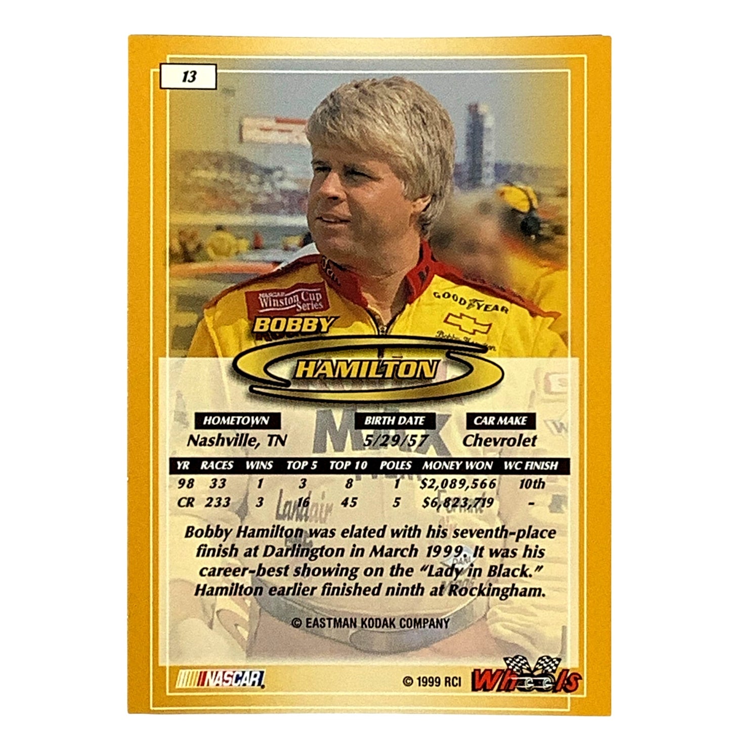 Bobby Hamilton, Sponsor: Kodak, Card 13, 1999 Wheels NASCAR Winston Cup, NM+
