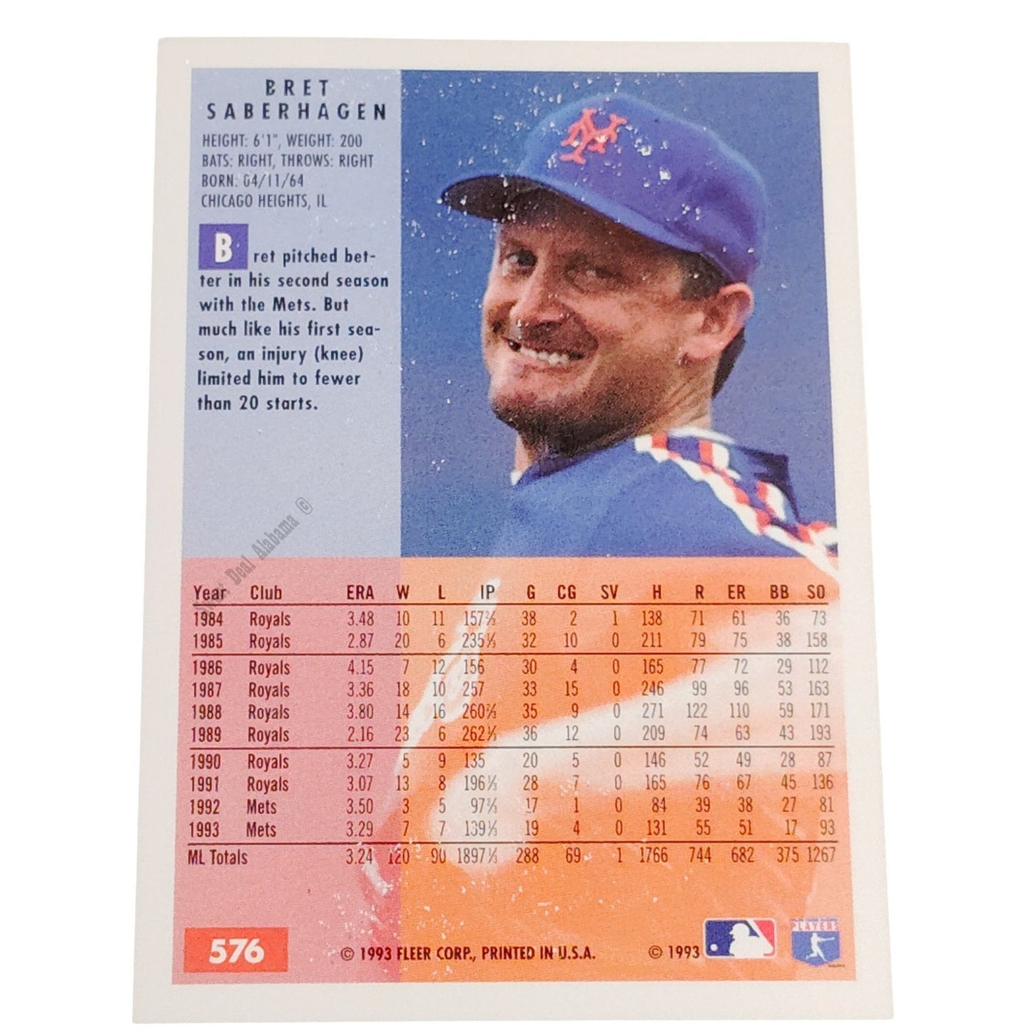 Bret Saberhagen, New York Mets, #576, 1994 Fleer Baseball Collector's Card