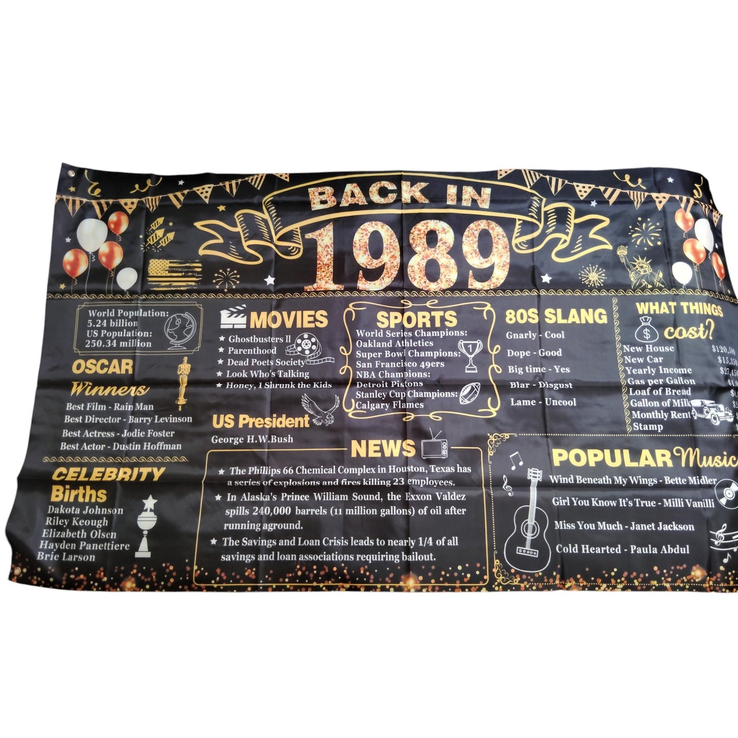 Back in 1989 Banner – 6x3.6 ft Vintage Birthday/Reunion Party Trivia Poster, Photography Backdrop