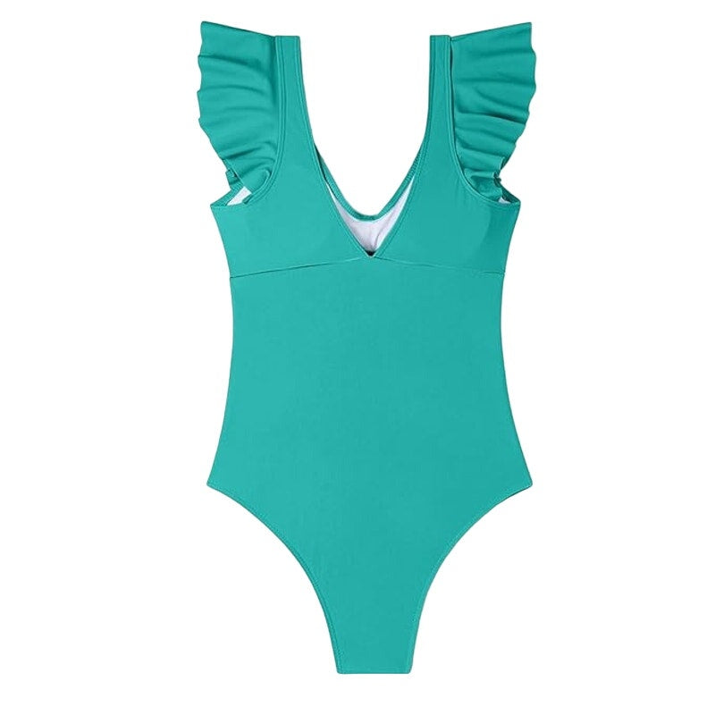 B2prity One Piece, Ruffle Cutout, Tummy Control V-Neck Wrap, Teal, SM (4-6)