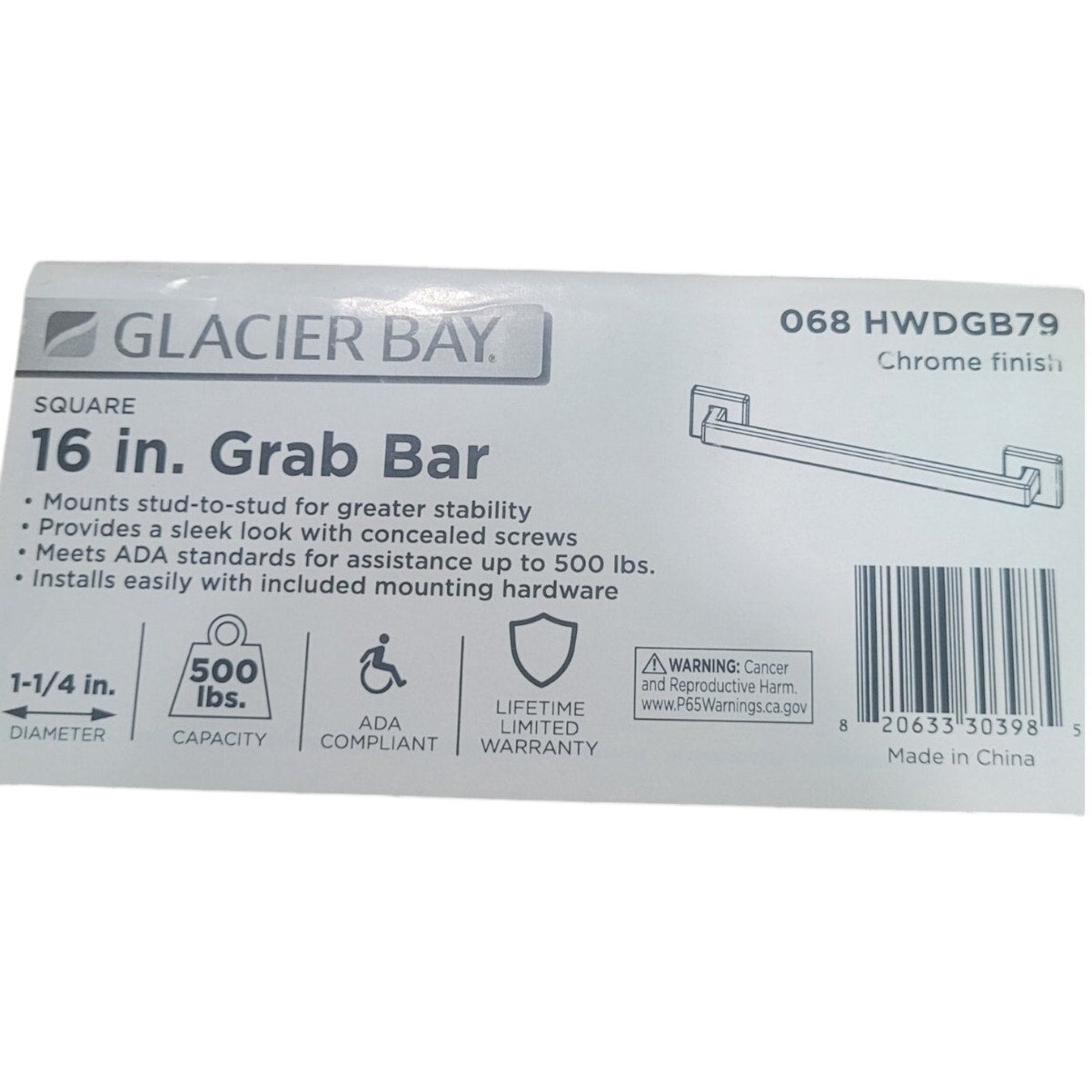 Glacier Bay 16 in. Soft Square Style Grab Bar Chrome