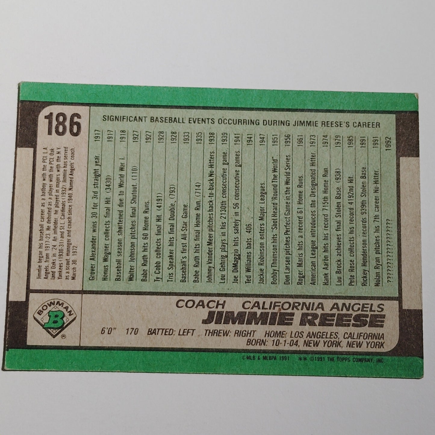 1991 Bowman Jimmie Reese #186 California Angels Coach Baseball Card NM