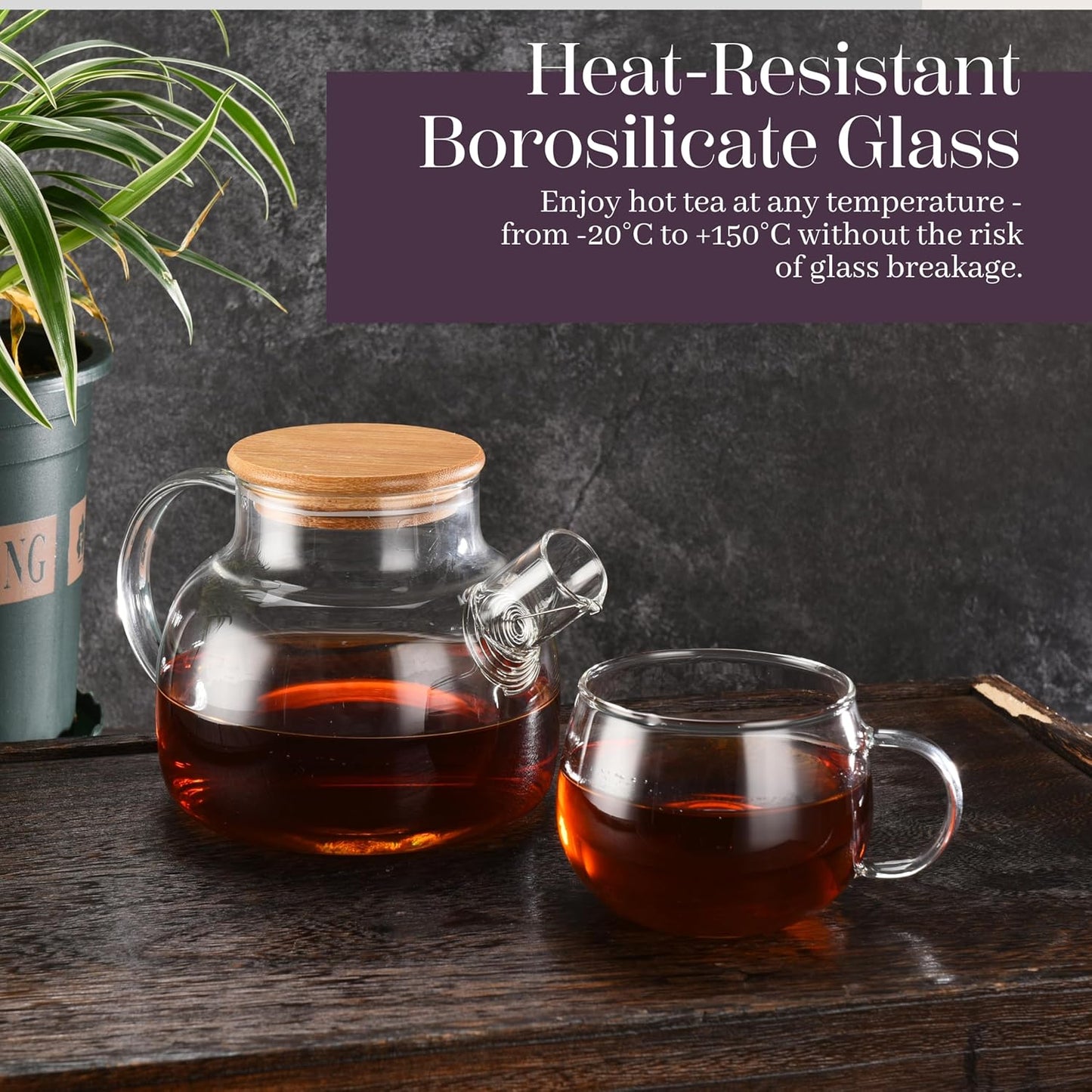 Whole Housewares Glass Teapot Set w/ Bamboo Lid + 4 Mugs | Microwave Safe