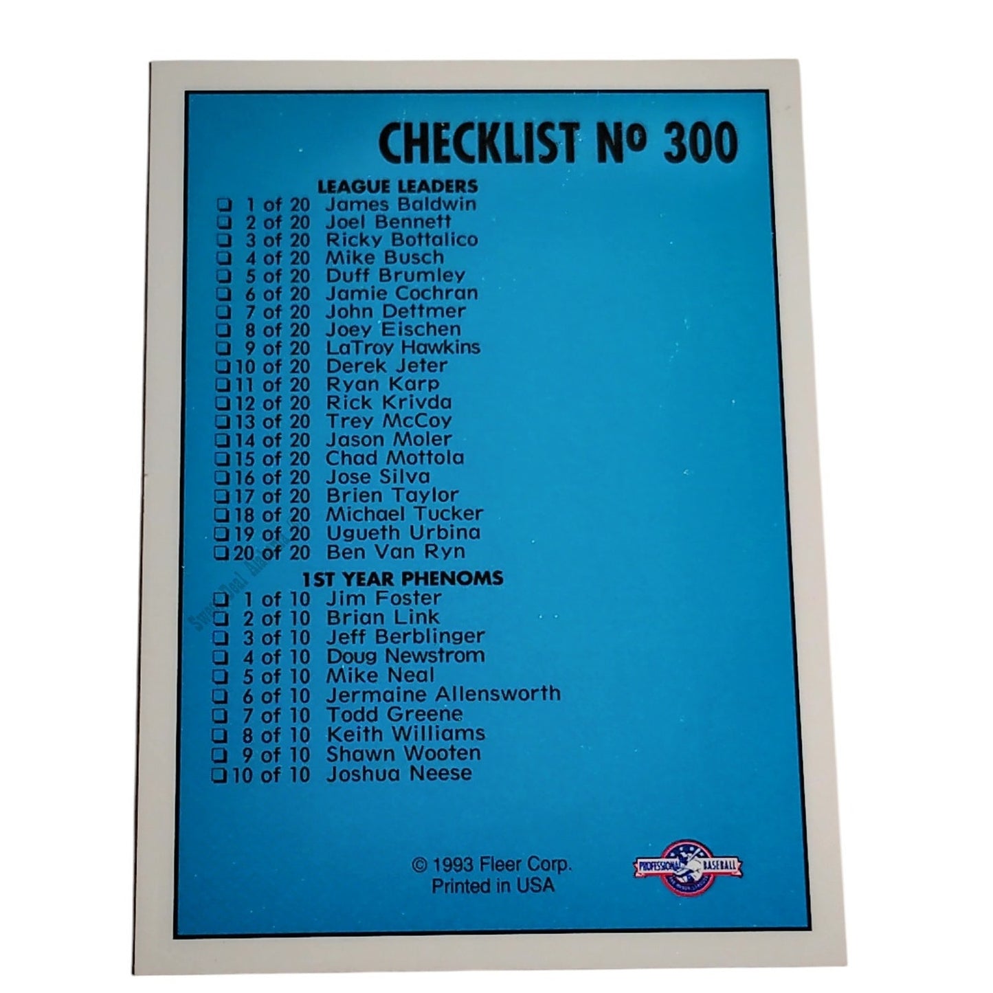 Checklist 250-300, 1-10 All-Stars, Phenoms & Leaders, #300, 93-94 Fleer Excel