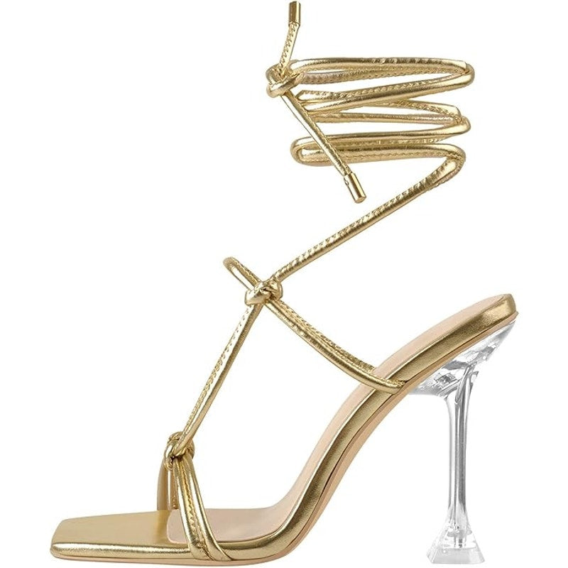 Gladiator High Heels Clear Heel Square Toe Lace-up Slingback Strappy Stiletto, 8