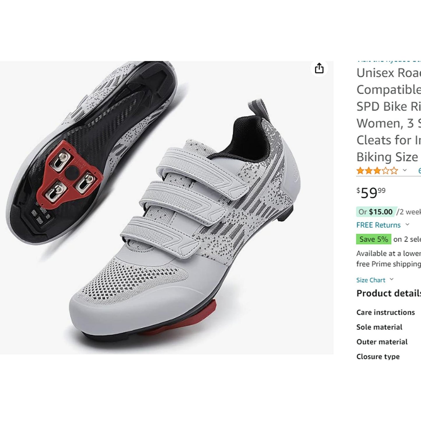 Unisex Road Bike Cycling Shoes 3 Straps, Delta Cleats for Indoor Use, Sz 7, Gray