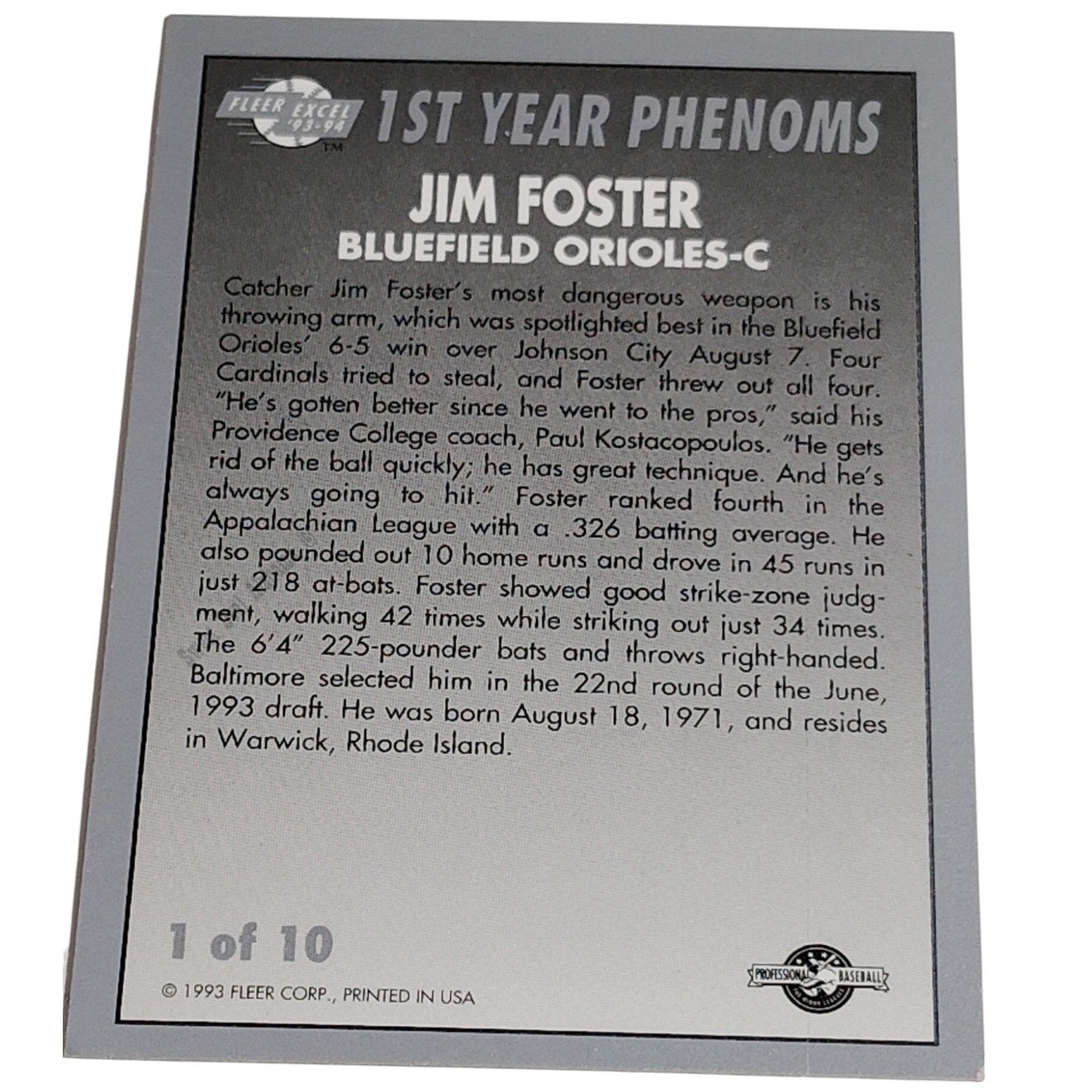 Jim Foster, Bluefield Orioles, Card 1 of 10, 1st Year Phenoms, 93-94 Fleer Excel