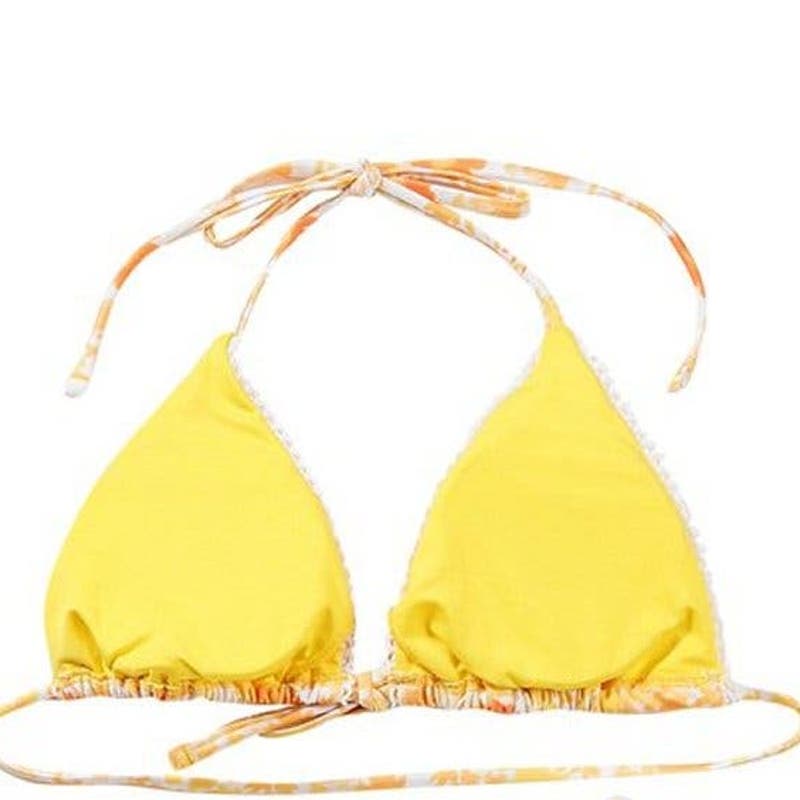Jsezml Brazilian Bikini Top, Yellow Floral Print, Med (6) Bust 33.86 - 35.83 in.