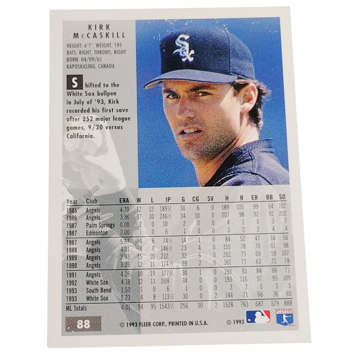 Kirk McCaskill, Chicago White Sox, #88, 1994 Fleer Baseball Collector's Card