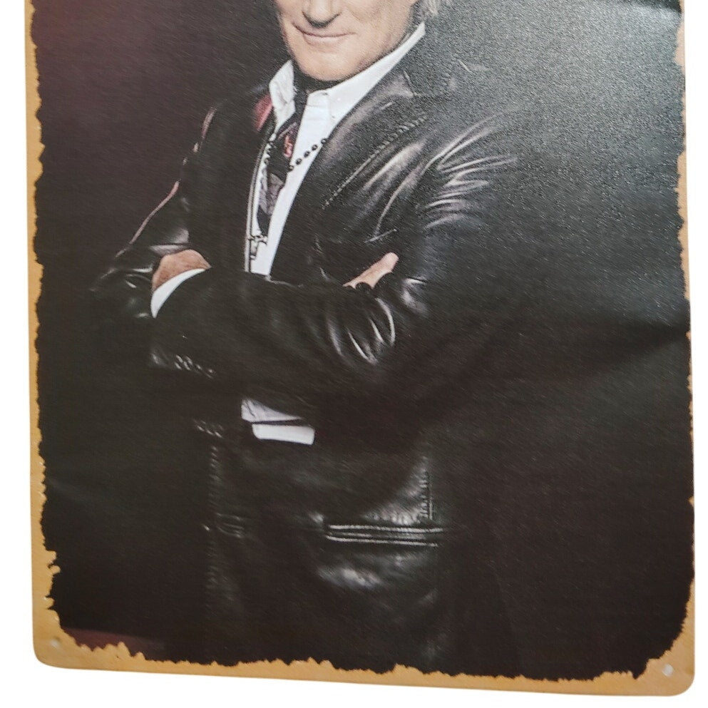 Rod Stewart Retro Tin Sign – 12x8 Vintage Portrait of Rock Icon in Punk-Inspired Style