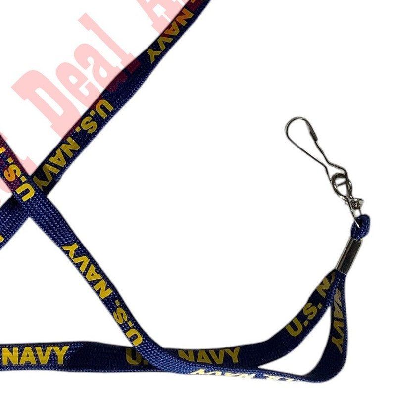 Navy Lanyard, 5/16"W, w/ End Clip for Badge/ Keyring 17"L (34"), Blue, Gold Text