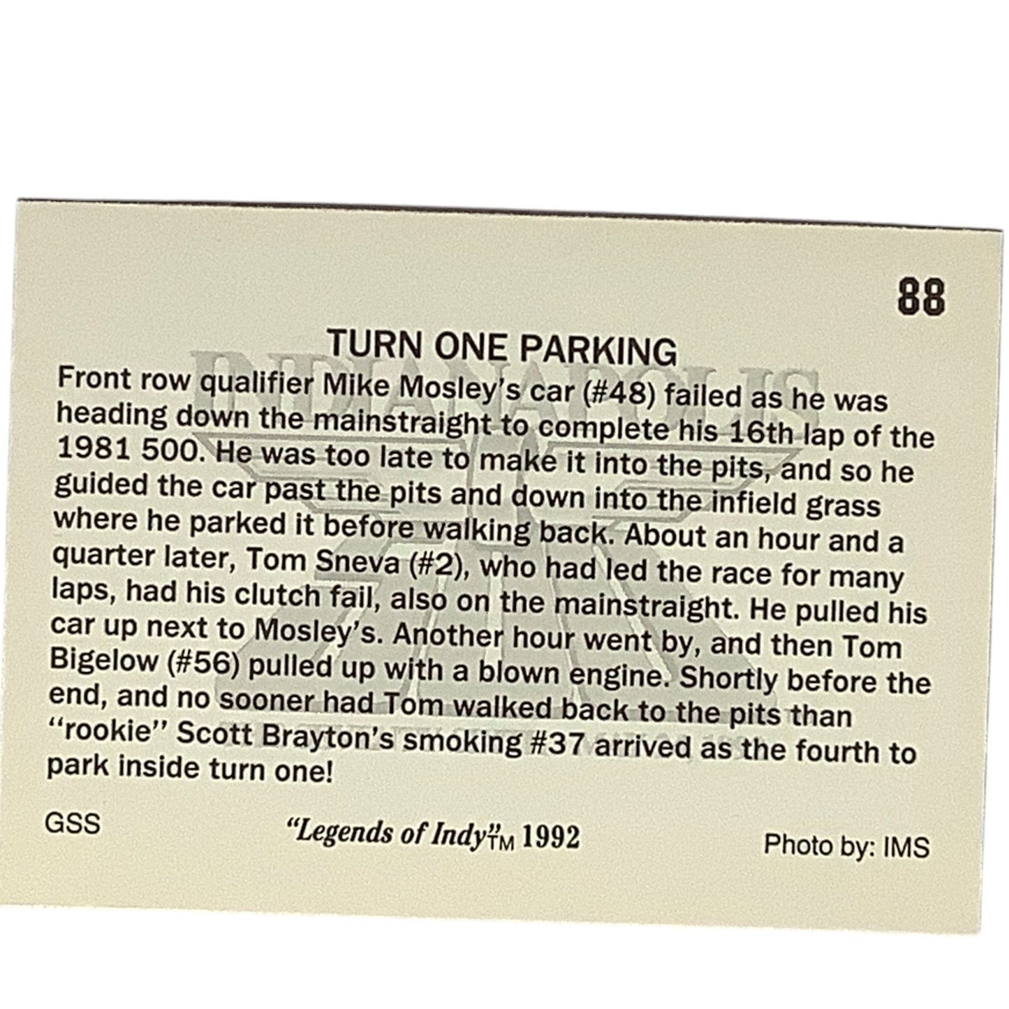 1981 Turn One Parking at Indianapolis 500, 1992 Legends of Indy, Card 88, NM+
