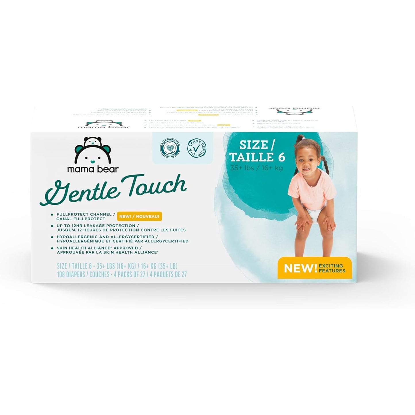 Mama Bear Gentle Touch Diapers – Size 6, 108 Count (4 Packs of 27), Hypoallergenic, Leak Protection