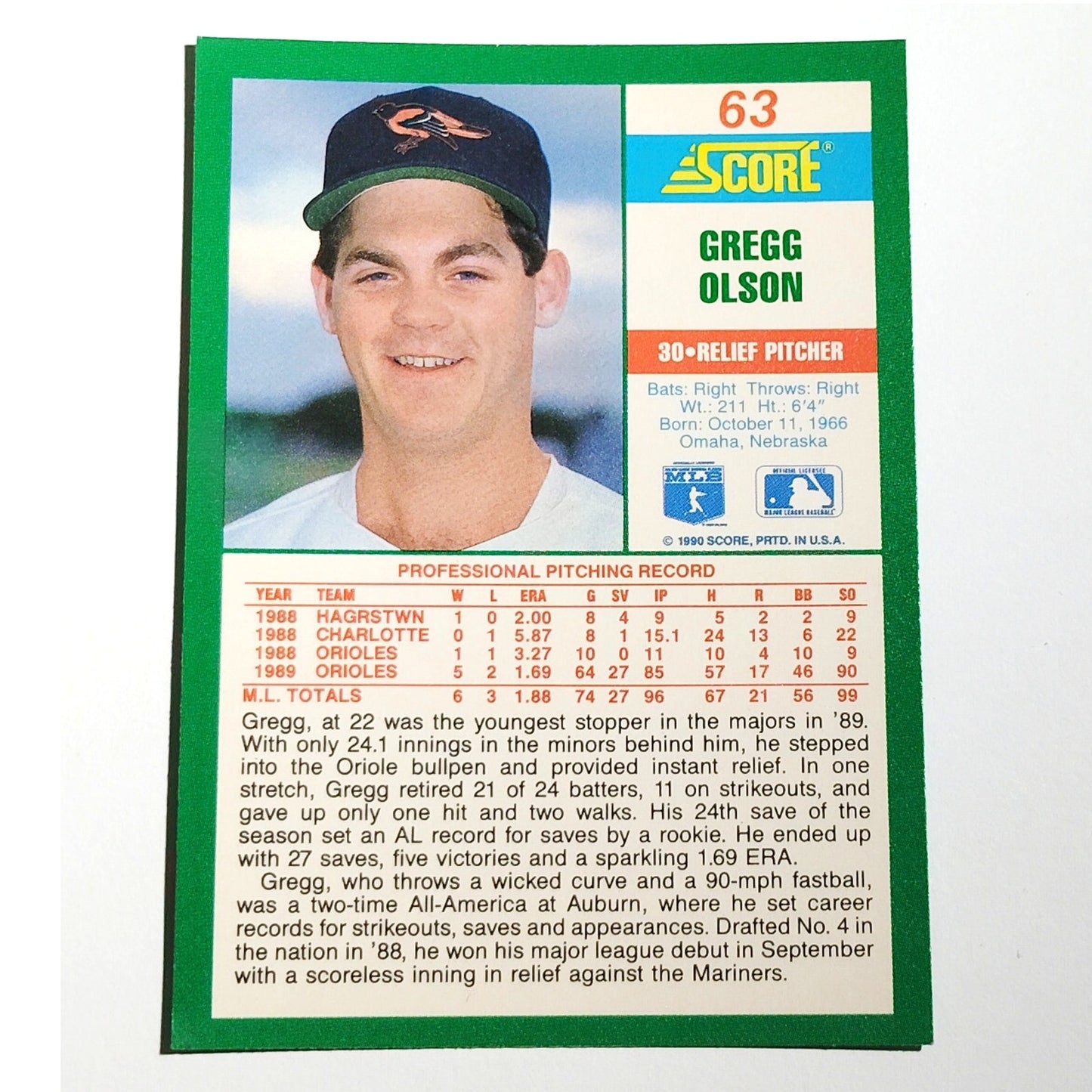1990 Score Gregg Olson Card No. 63 Baltimore Orioles RP VG/EX