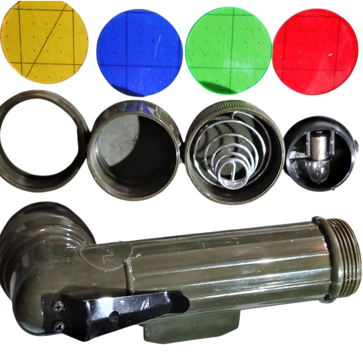TL-122 Military Surplus Flashlight w/Red, Green, Yellow & Blue Lens & Extra Bulb