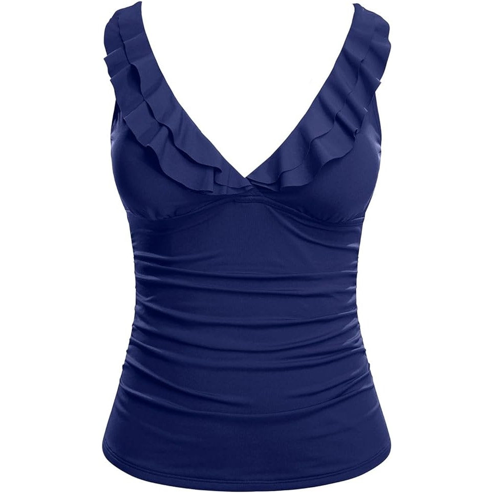 Yonique Tankini Top Only Tummy Control Top Ruffle Swimsuit Top V-Neck, L (12-14)