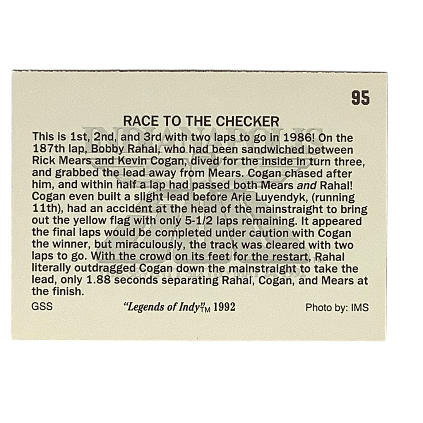 Race to the Checker, Rahal & Cogan at Indy 500, 1992 Legends of Indy, #94, NM+