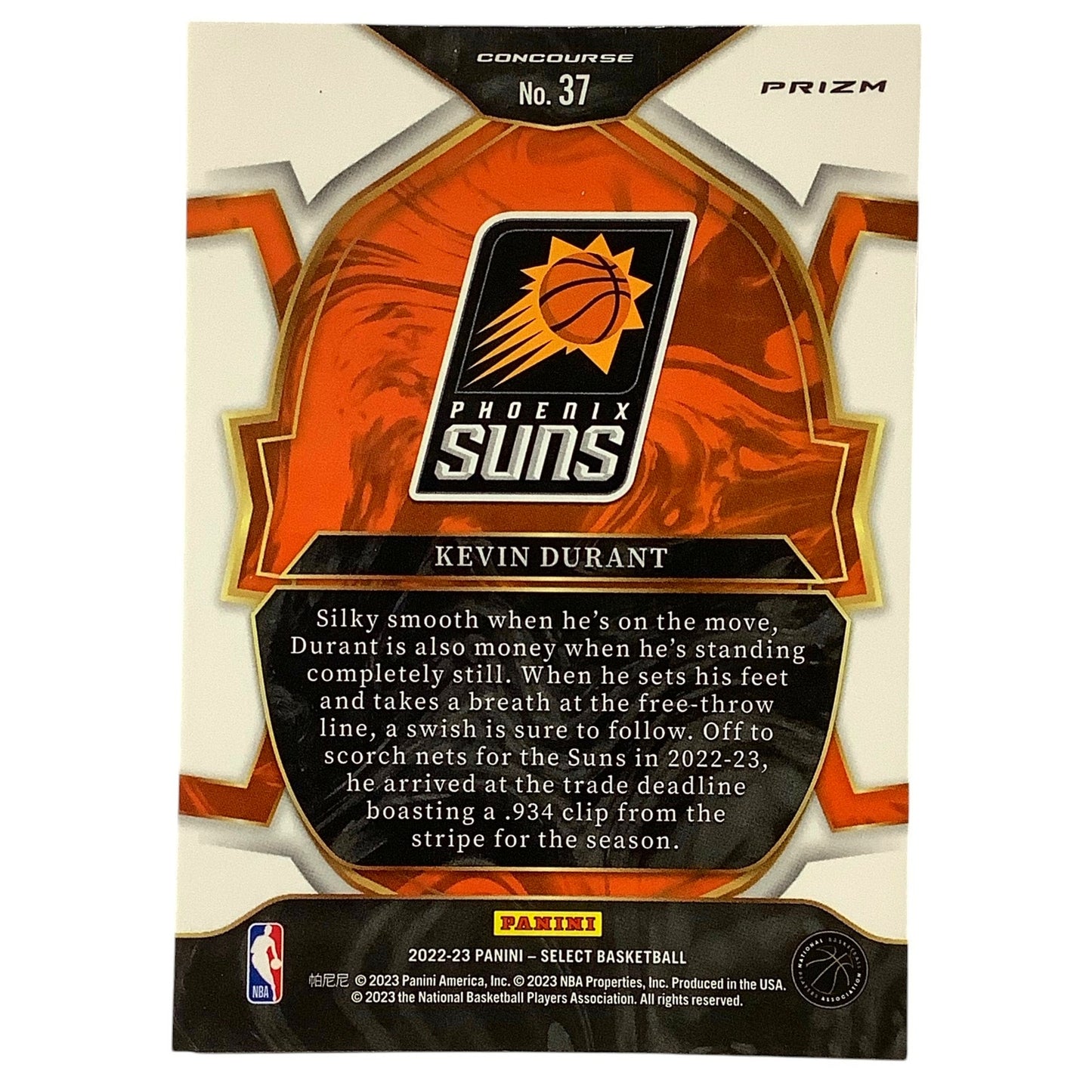 Kevin Durant, Brooklyn Nets, Prizm Card #37, 2022-23 NBA Panini Select