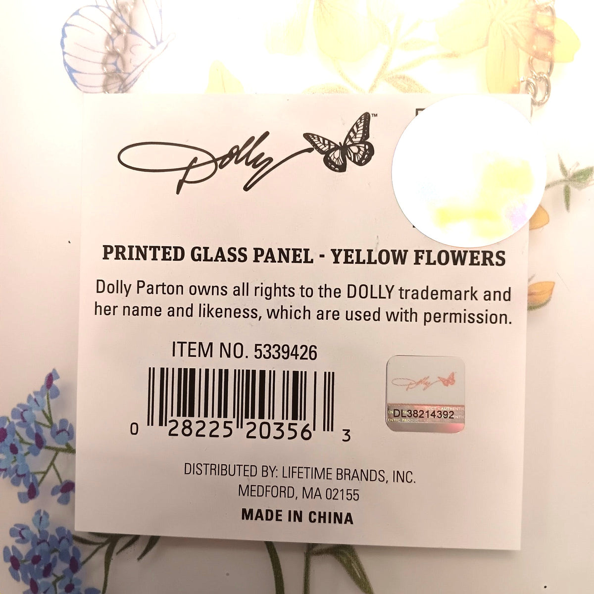 Dolly Parton Yellow Flowers Printed Glass Panel - Gold Frame, Butterfly Design