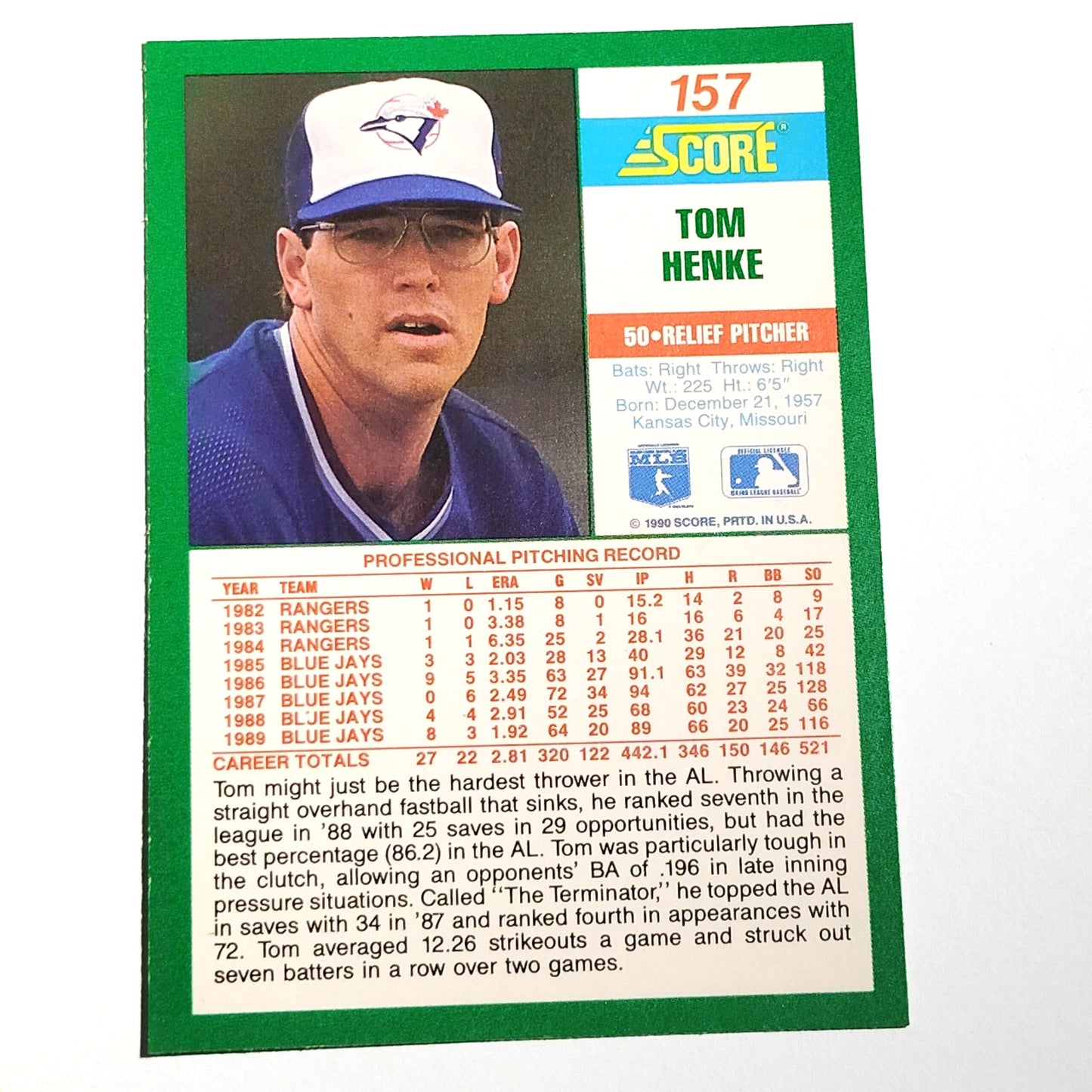 1990 Score Tom Henke #157 Toronto Blue Jays Pitcher All Star MLB EX
