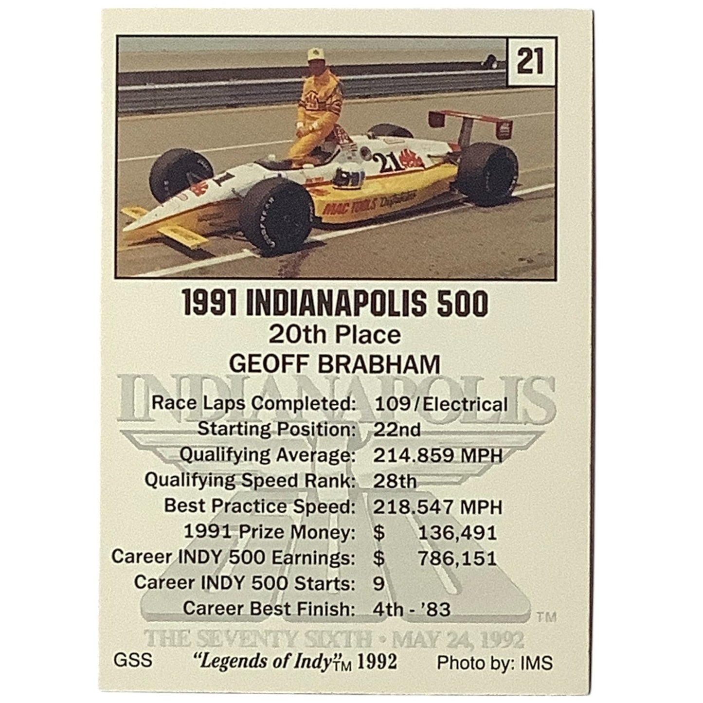 Geoff Brabham 20th Place at Indy, 1991 Action, 1992 Legends of Indy Card 21, NM+