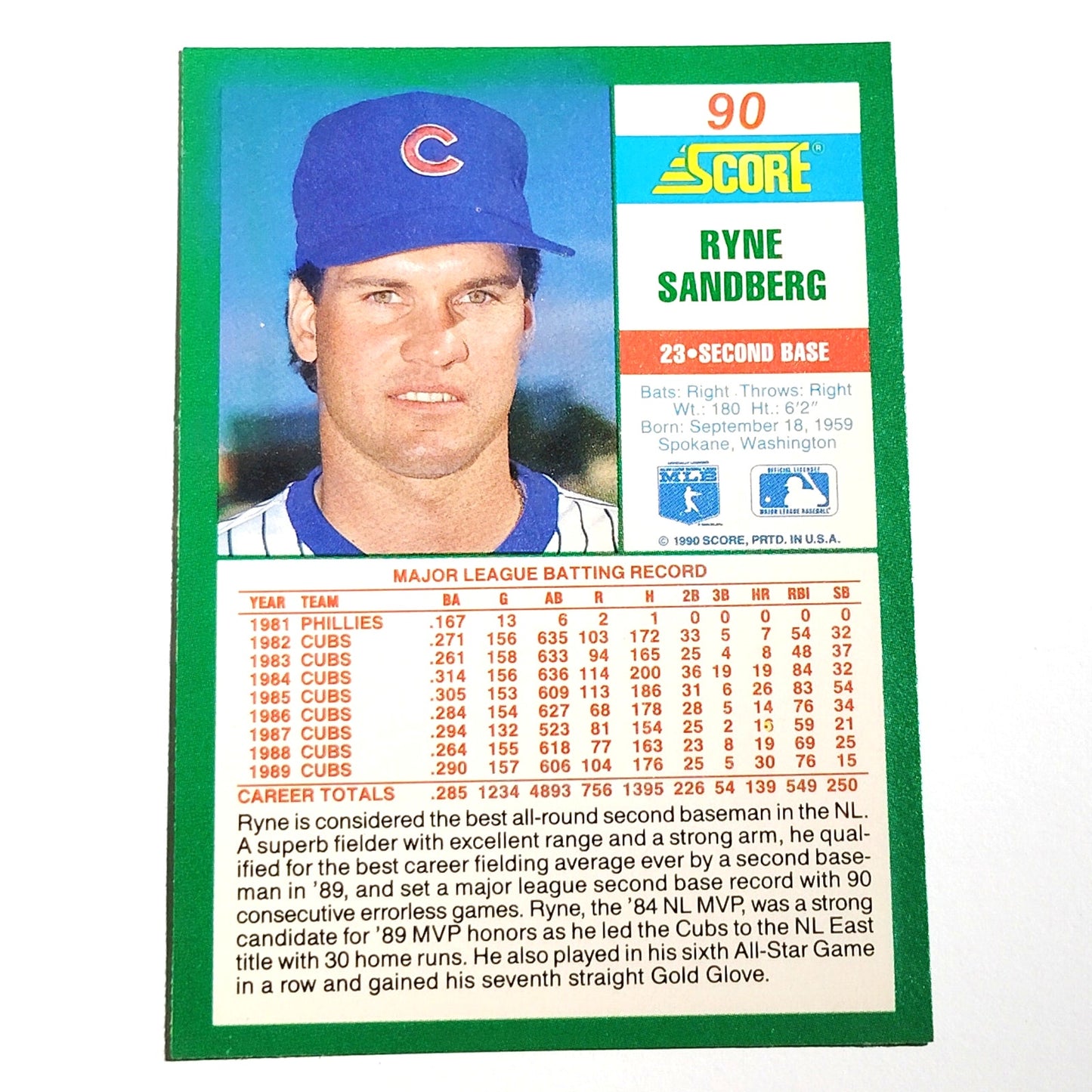 1990 Score Ryne Sandberg Card No. 90 Chicago Cubs 2B VG/EX