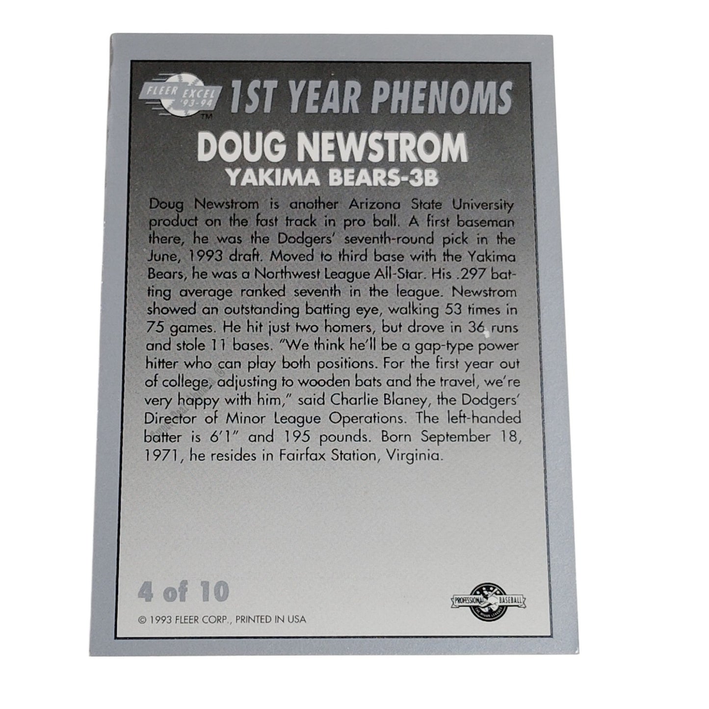 Doug Newstrom, Yakima Bears, Card 4 of 10, 1st Year Phenoms, 93-94 Fleer Excel