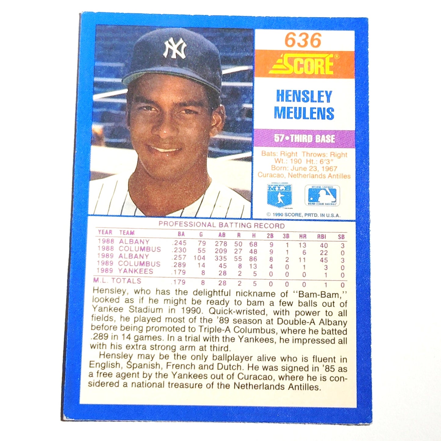 1990 Score Hensley Meulens RC #636 New York Yankees Third Baseman Rookie MLB EX