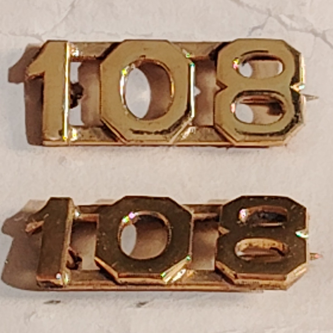 Early/Mid 1900s Brass C-Clasp "108" Collar Devices 3/8"H Hat / Lapel Pins Set