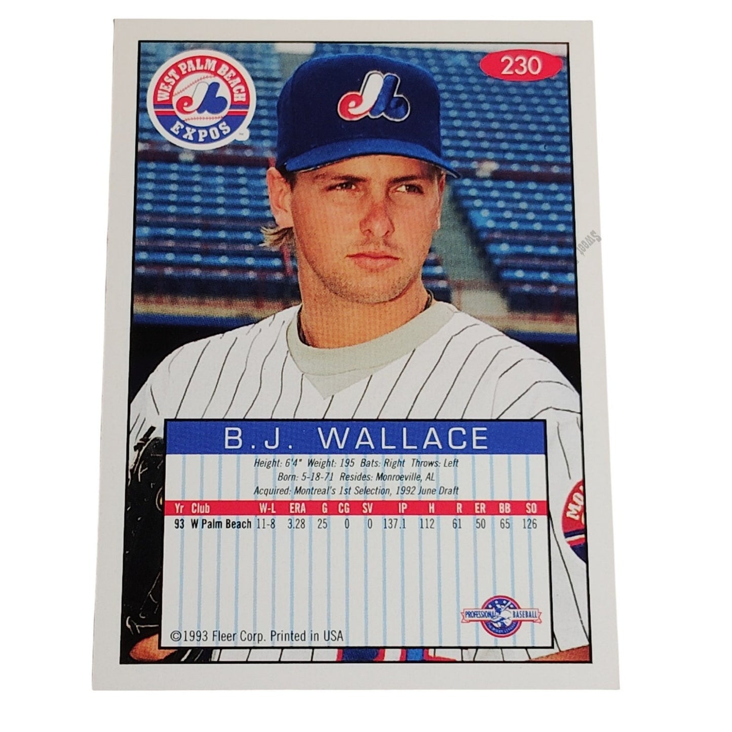 B.J. Wallace, West Palm Beach Expos , No. 230, 93-94 Fleer Excel Minor Leagues