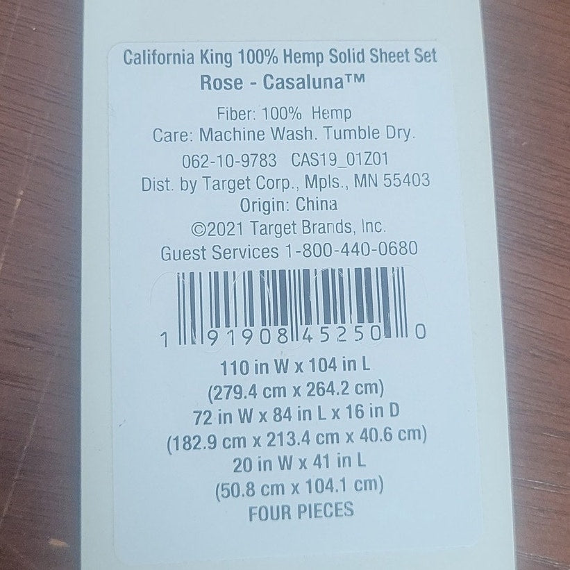 Casaluna 100% Washed Hemp Solid Sheet Set – Rose – California King – 4‑Piece